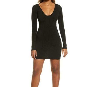Naked Wardrobe Snatched Bustier Long Sleeve Rib Bodycon Dress L V-Neck Black NWT